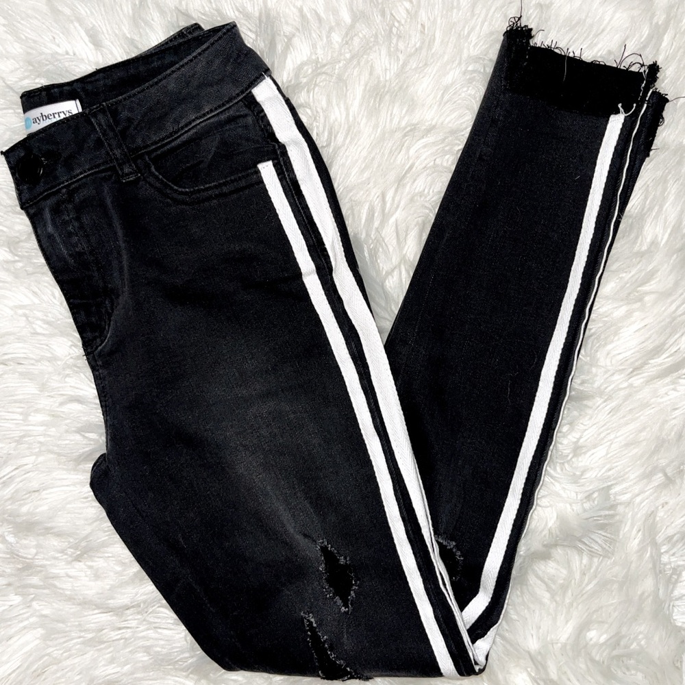 Boutique Ripped Fray Bottom Black & White side stripes Skinnies